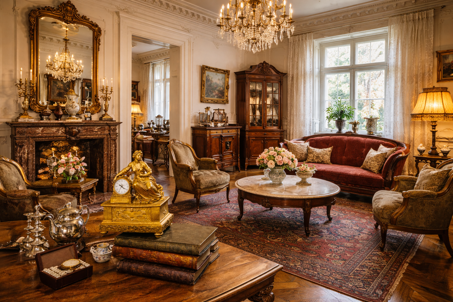 Elegante Wiener Altbauwohnung im 19. Bezirk mit hohen Decken, Stuckverzierungen und Kristallluster. Der Raum ist mit antiken Möbeln eingerichtet, darunter ein rotes Samtsofa, gepolsterte Fauteuils, eine Marmortischplatte und ein reich verzierter Kamin mit großem Goldspiegel. Auf einem Beistelltisch steht ein Silber-Service mit Kanne und Kerzenleuchtern. Orientteppiche, Ölgemälde und eine Vitrine mit Porzellan unterstreichen die historische, großbürgerliche Atmosphäre.